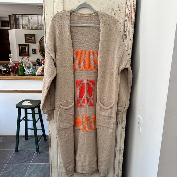 PEACE AND LOVE TAN SWEATER DUSTER OPEN CARDIGAN - Picture 5 of 7
